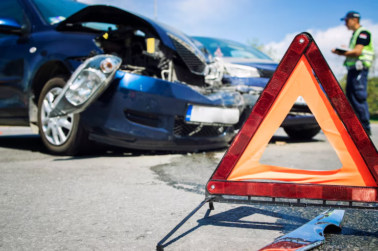 "Damaged car at the scene of an accident with a warning triangle in the foreground and a police officer in a safety vest standing nearby."