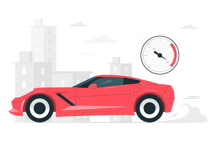 "Illustration of a red sports car driving quickly through an urban area with a speedometer icon showing high speed in the background."