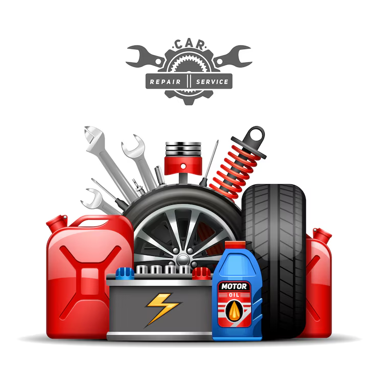 "Illustration of car repair service tools and parts including a tire, wheel, shock absorber, motor oil, battery, wrenches, piston, fuel cans, and a gear-themed repair service logo above."