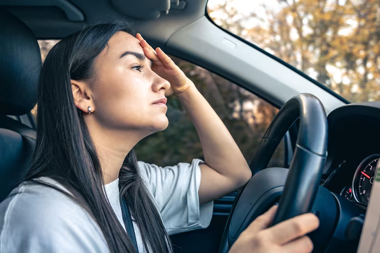 "Woman driving a car, holding the steering wheel with one hand and shielding her eyes from the sun with the other, appearing to struggle with visibility due to glare."