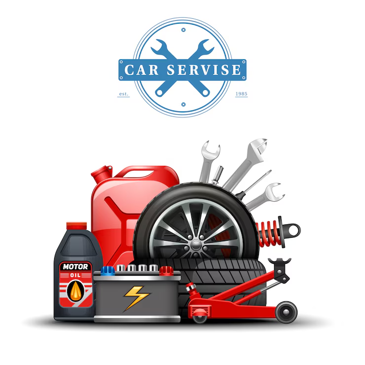 "Illustration of car service tools and supplies including a tire, battery, oil can, fuel container, wrench set, suspension spring, and a hydraulic jack, with a blue 'Car Service' logo above."