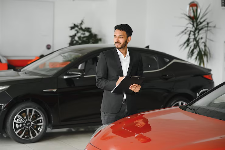 "Car salesman in a black suit holding a clipboard, standing between black and red cars in a showroom, looking off to the side with a confident expression."
