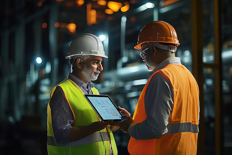 "Two male engineers wearing safety vests and hard hats discussing data displayed on a digital tablet inside an industrial facility with visible piping and warm lighting."