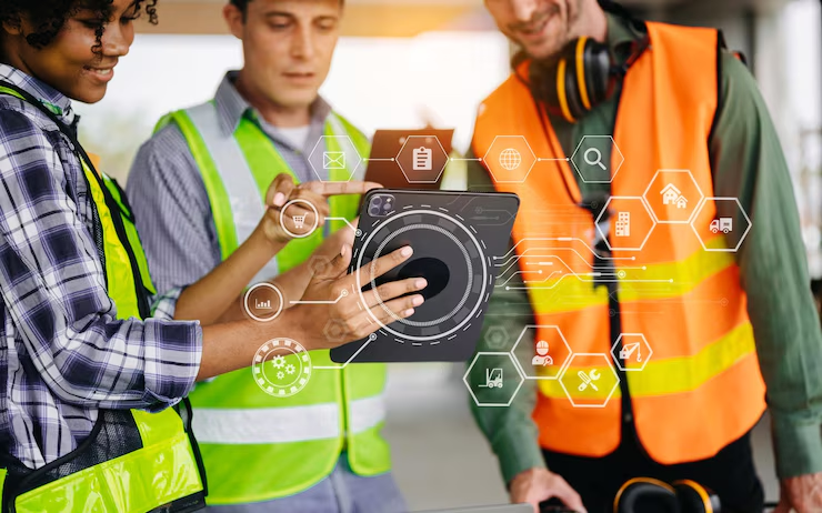 "Three construction workers wearing safety vests using a digital tablet with virtual interface icons representing data, analytics, and smart technology integration."