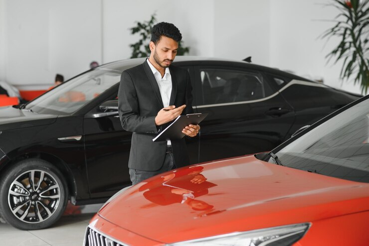 "Car dealership representative in a black suit inspecting a red car with a clipboard, standing beside a black vehicle in a modern showroom."