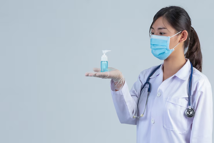 "Female doctor wearing a white coat, gloves, and a face mask holding a small bottle of hand sanitizer on her palm, with a stethoscope around her neck, standing against a light gray background."