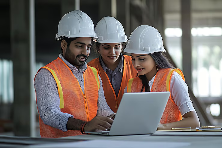 "Three construction engineers wearing white hard hats and orange safety vests working together on a laptop at a construction site."