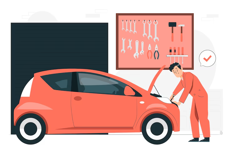 "Illustration of a mechanic inspecting a small red car with the hood open in a garage, with various tools hanging on the wall behind him."