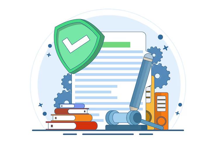 Illustration representing legal protection and documentation, featuring a document with a checkmark shield, law books, a gavel, a pen, and file folders—symbolizing law, justice, and compliance.