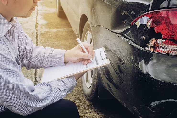 Insurance adjuster inspecting and documenting rear-end damage on a black car with a clipboard after an accident.