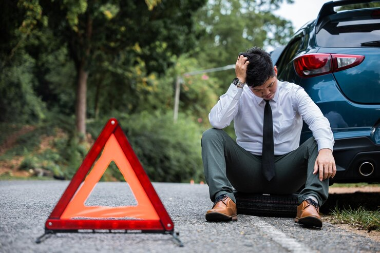 Frustrated man in business attire sitting on the roadside beside a car with a flat tire, with a warning triangle placed nearby.