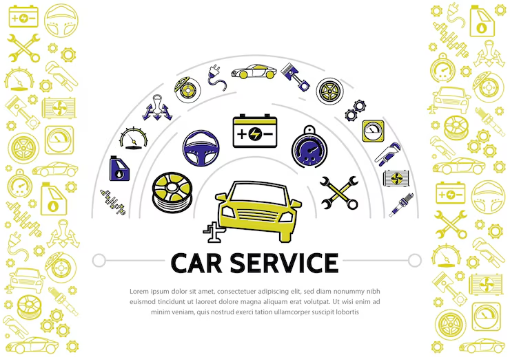 Car service concept infographic featuring a central car icon surrounded by automotive service icons like a battery, wrench, steering wheel, oil can, and speedometer. Yellow and purple theme with decorative borders on both sides.