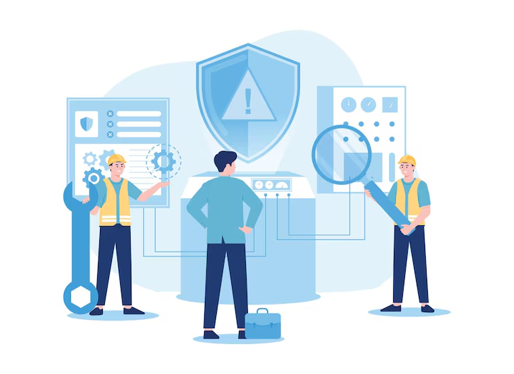 Illustration of three people working together to diagnose and fix a security issue. One person is holding a large wrench, another a magnifying glass, and a central figure is observing system panels and a large warning shield icon in the background, symbolizing system maintenance and cybersecurity.