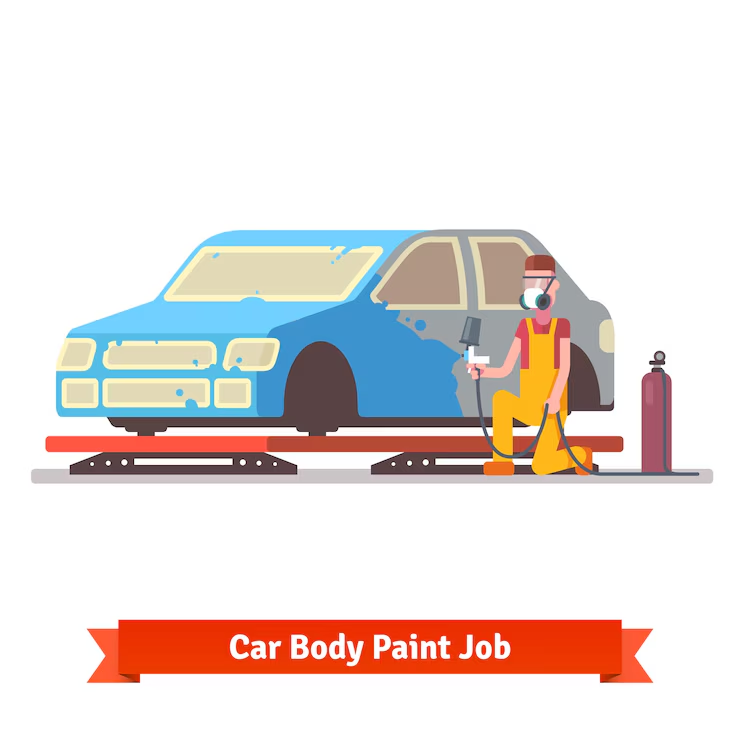 Illustration of a car undergoing a body paint job with a worker in safety gear using a spray paint gun, highlighting the automotive painting process.