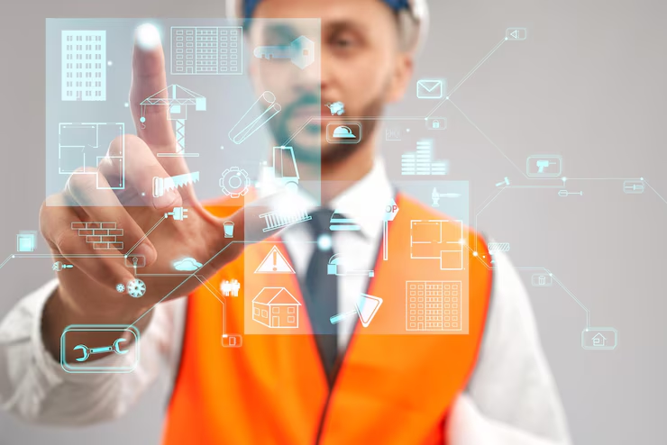 A construction worker wearing an orange safety vest and helmet interacting with a transparent digital interface displaying various construction and building-related icons.