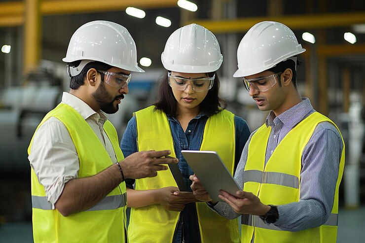 Three engineers wearing white hard hats, safety goggles, and reflective vests are having a discussion while reviewing information on a digital tablet inside an industrial facility.