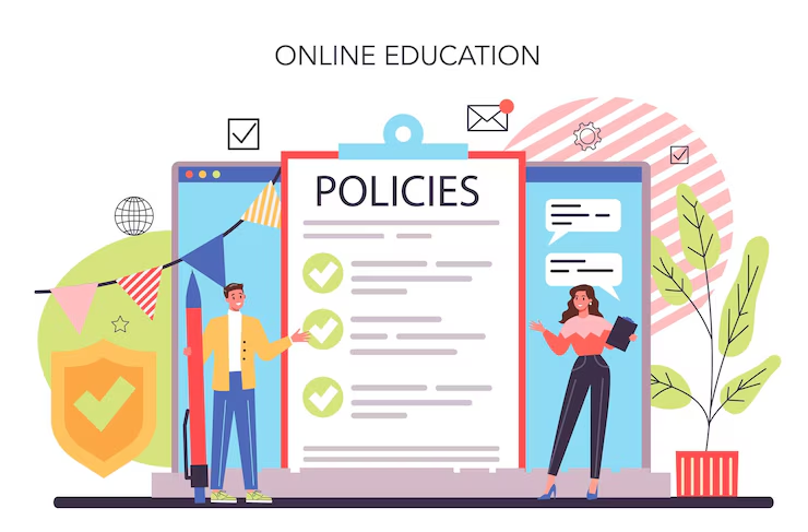 Illustration showing "Online Education" with a large clipboard labeled "Policies" in the center. A man holding a pencil stands on the left, and a woman holding a tablet stands on the right, both surrounded by symbols of communication, learning, and checkmarks indicating accepted rules.