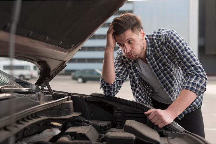A frustrated man standing next to a car with the hood open, inspecting the engine, indicating possible car trouble or breakdown.