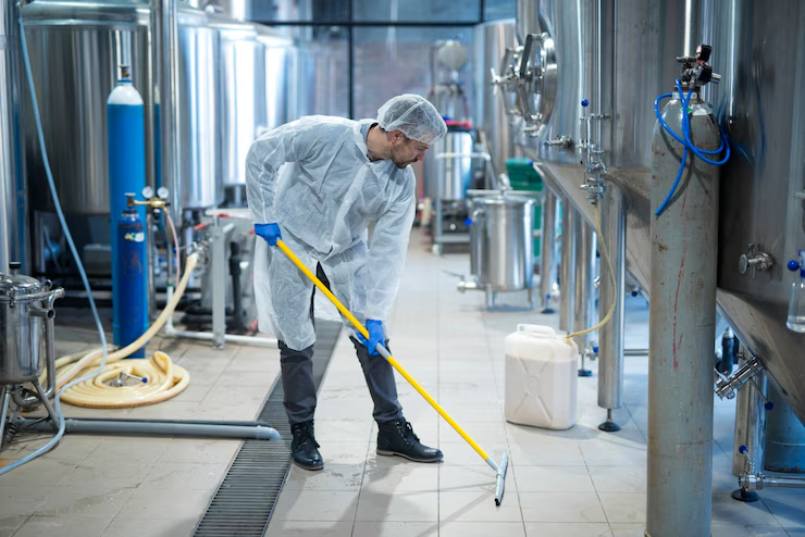 A worker in protective clothing, including a hairnet, gloves, and coveralls, is cleaning the floor of an industrial facility with large stainless steel tanks, using a squeegee mop.