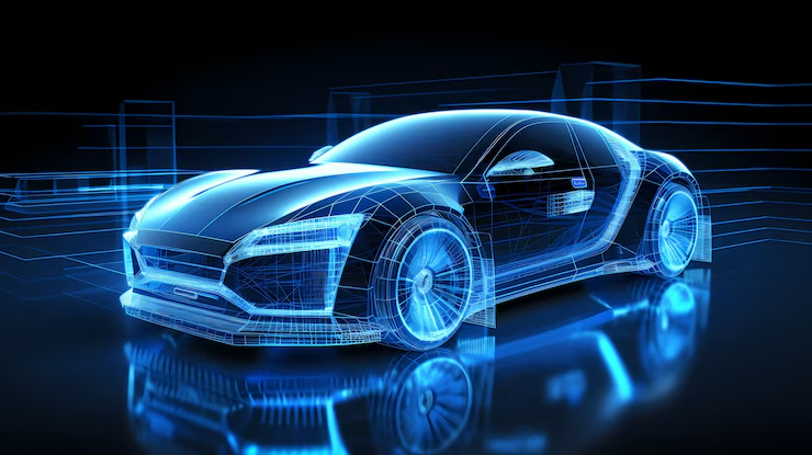 A futuristic digital wireframe model of a sleek sports car in glowing blue, showcasing automotive design and 3D rendering technology.