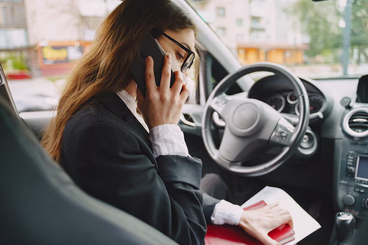 Businesswoman sitting in a car, talking on the phone while holding documents.