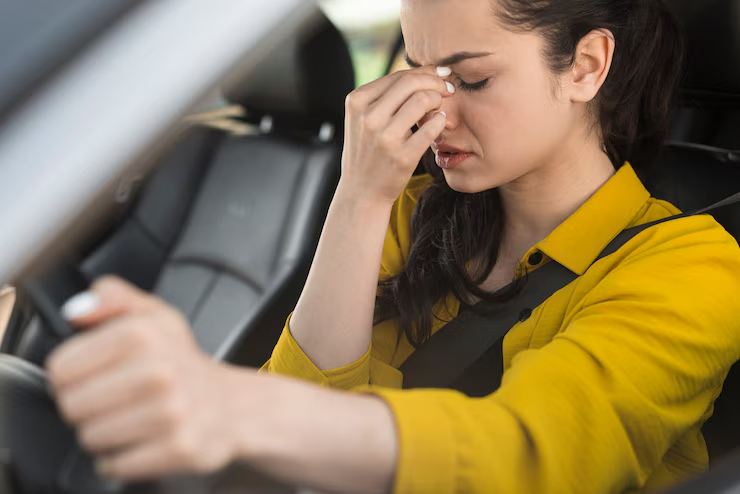 Woman in a yellow shirt sitting in the driver’s seat of a car, holding the steering wheel with one hand and pinching the bridge of her nose with the other, appearing stressed or in pain.