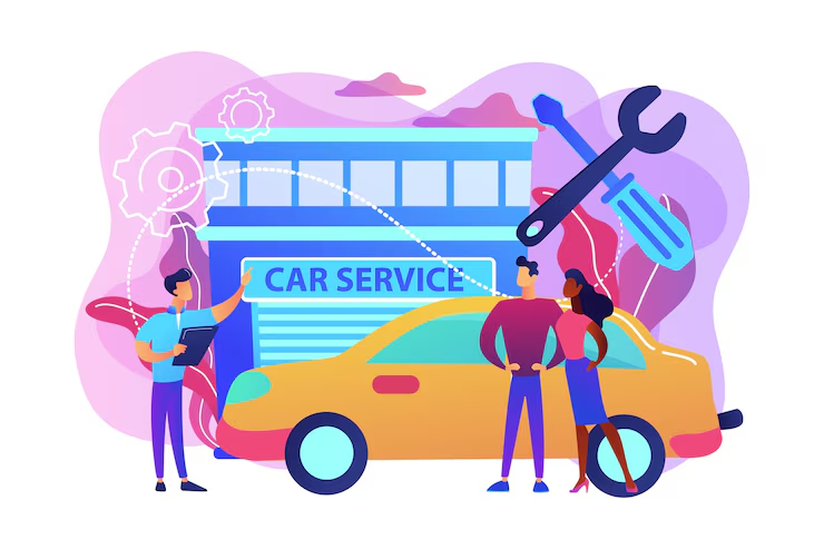 Illustration of a couple at a car service center discussing repairs with a technician holding a clipboard, with a yellow car, tools, gears, and a garage building in the background.