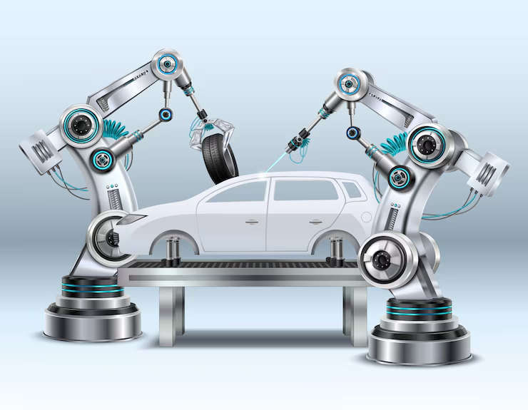 Illustration of a car manufacturing assembly line with robotic arms installing parts on a white SUV vehicle, symbolizing automation and advanced automotive production technology.