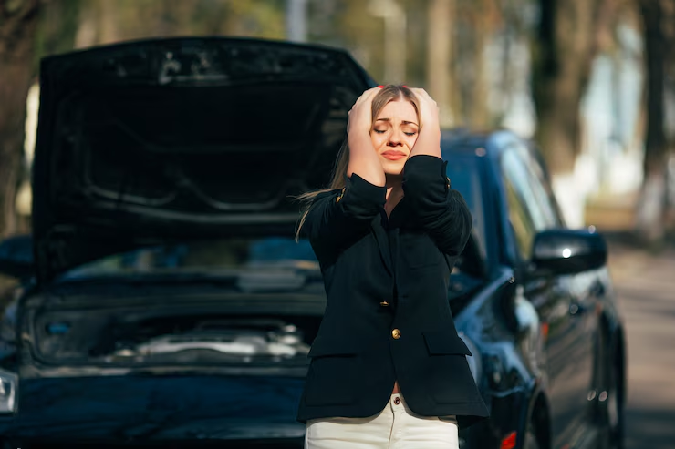 Frustrated woman standing in front of a car with an open hood on a roadside, possibly indicating a vehicle breakdown or mechanical issue.