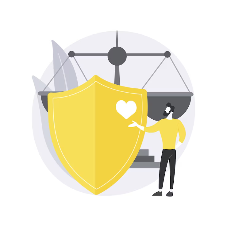 Illustrated man standing next to a large yellow shield with a heart icon, with a justice scale in the background, symbolizing protection, legal security, or insurance.