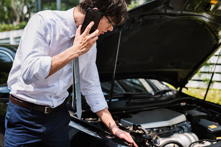 A man in formal attire is on the phone while inspecting the engine of a car with the hood open, possibly dealing with a breakdown or mechanical issue.