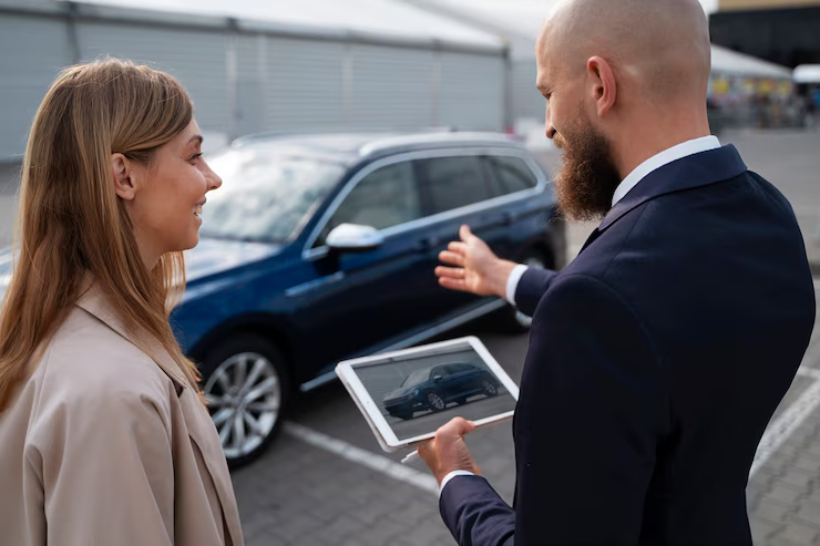 A car salesman showing a vehicle to a woman at a dealership lot while holding a tablet displaying the same car.