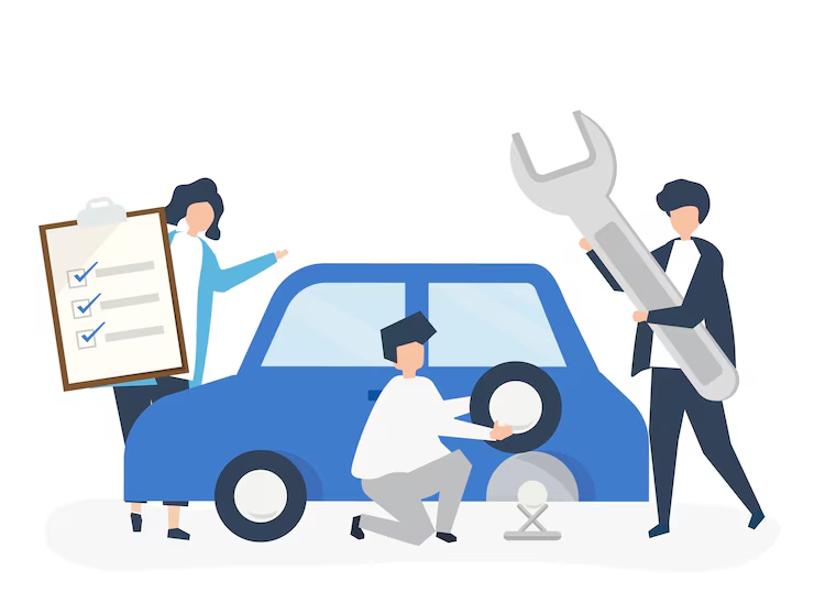 Illustration of three people performing car maintenance—one holding a checklist, another changing a tire, and a third holding a large wrench, next to a blue car.