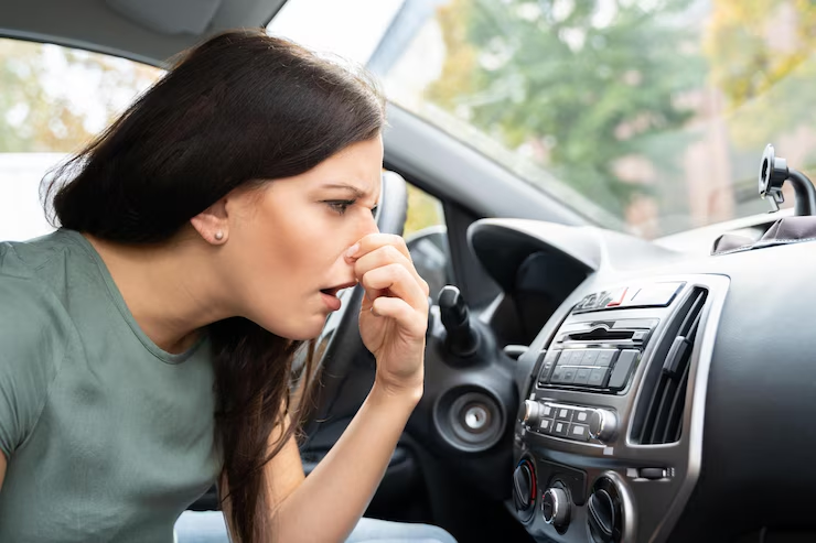 A woman sitting in the driver’s seat of a car, holding her nose in disgust while looking at the dashboard, indicating a bad smell inside the vehicle.