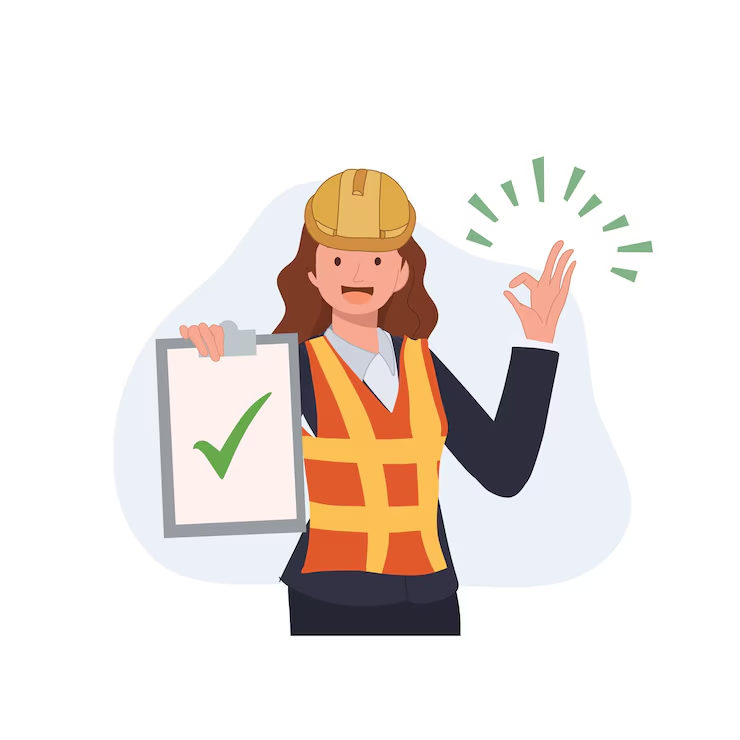 Illustration of a female construction worker wearing a yellow hard hat and orange safety vest, smiling and showing an "OK" hand gesture while holding a clipboard with a green check mark, indicating approval or successful inspection.