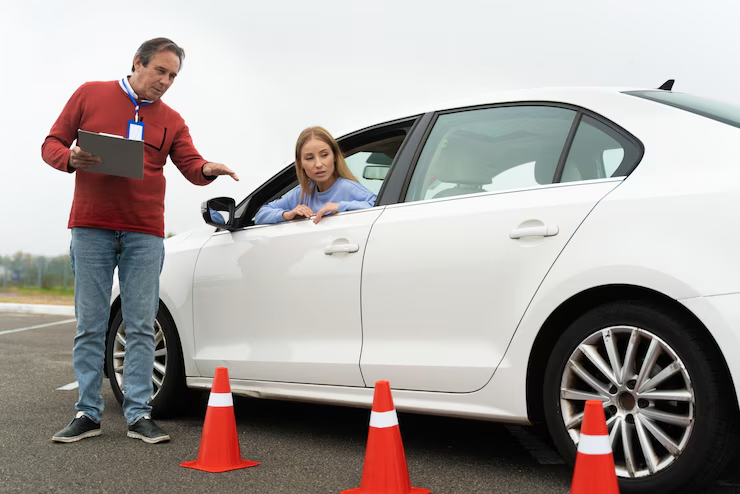 A driving instructor with a clipboard guiding a student driver in a white car during a driving test or lesson, with orange traffic cones placed on the road.