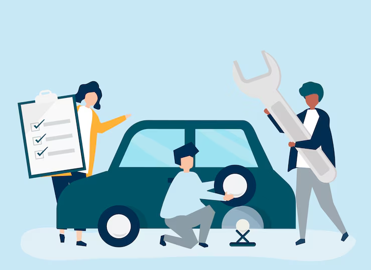 Cartoon-style illustration of three people performing car maintenance—one holding a checklist, another changing a tire, and the third carrying a large wrench next to a car.