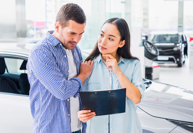 A couple is standing inside a car showroom, thoughtfully looking at a clipboard with documents while discussing their options. A silver car is partially visible beside them, and other vehicles are in the background.