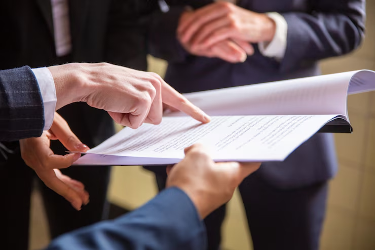 Close-up of professionals in business suits reviewing and pointing at a document with printed text, likely discussing legal or financial details during a meeting.