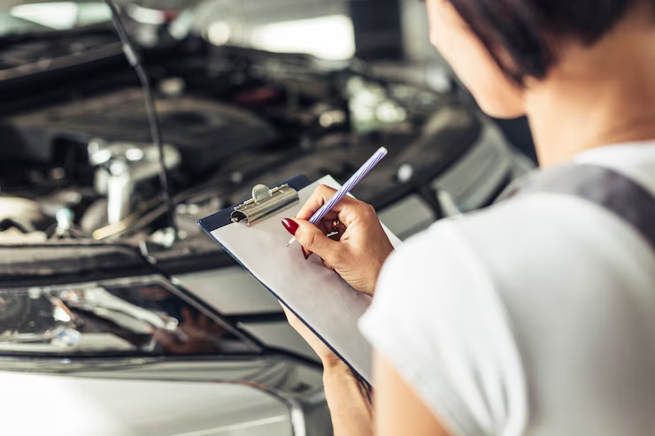 A woman holding a clipboard and pen, taking notes while inspecting a car engine in an automotive service or repair setting. The car hood is open, indicating a vehicle check or maintenance task in progress.