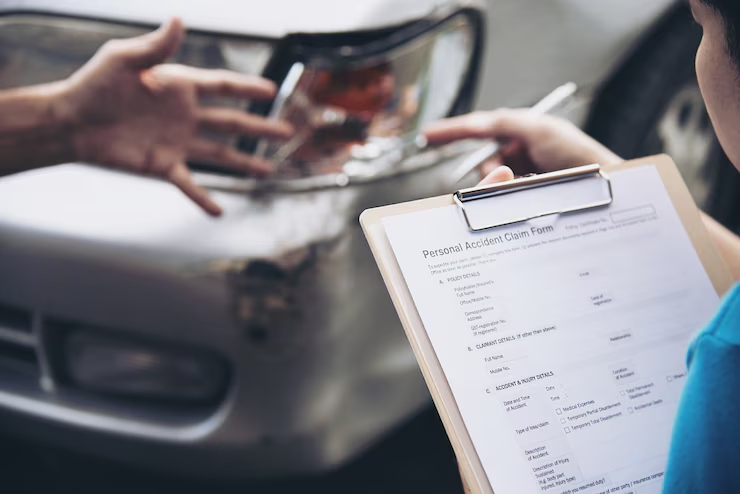 An insurance adjuster or agent filling out a "Personal Accident Claim Form" on a clipboard while inspecting a damaged car with a dented bumper and broken headlight, possibly after a car accident.