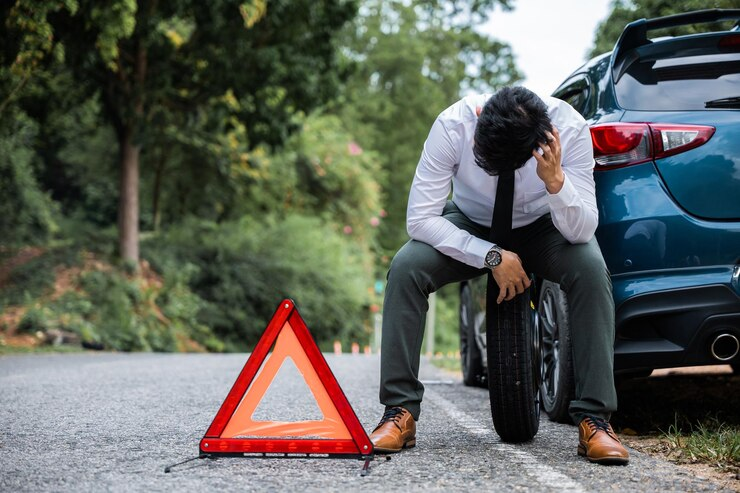 A frustrated man in formal attire sits on a flat car tire beside his blue vehicle on a roadside, holding his head in one hand and a phone in the other. A red emergency warning triangle is placed on the road in front of him, indicating a car breakdown.
