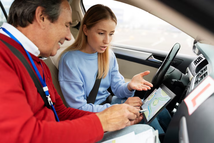 A young woman in the driver's seat of a car appears to be learning to drive, with an older male instructor sitting beside her. They are both looking at a tablet screen displaying a driving course or map, discussing the next steps in a driving lesson.