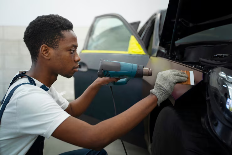A person wearing a white shirt and gray gloves is using a heat gun while smoothing out a vinyl wrap on a car's door at an auto body shop.