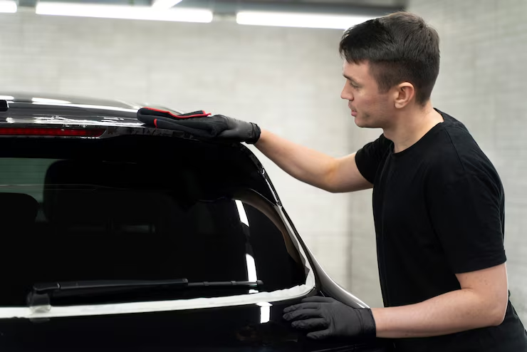 A man wearing black gloves is carefully smoothing out a vinyl wrap on the rear window of a black car, adjusting the edges with a red cleaning tool in an auto shop.
