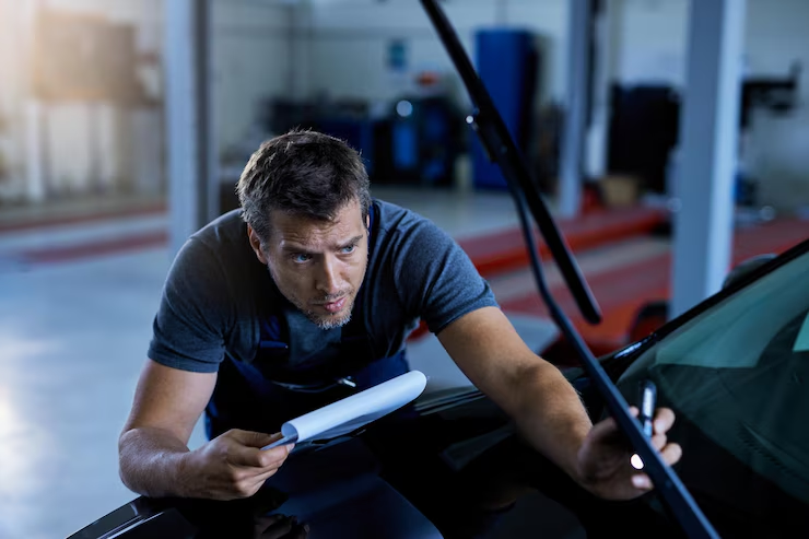 A mechanic is inspecting the windshield of a car, holding a clipboard in one hand and a flashlight in the other, as he checks for issues in an auto shop.