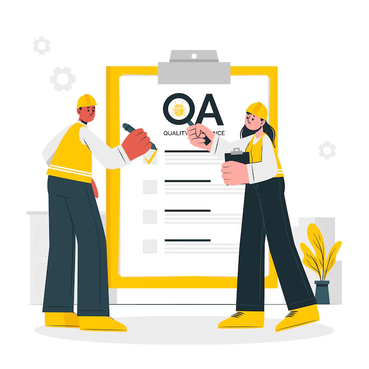 The image shows two people wearing safety gear, including helmets and vests, standing next to a clipboard with a Quality Assurance (QA) checklist. One person is holding a pen and appears to be marking off items on the checklist, while the other holds a clipboard and seems to be assisting or supervising. The image conveys the concept of quality control and inspection in a workplace setting.