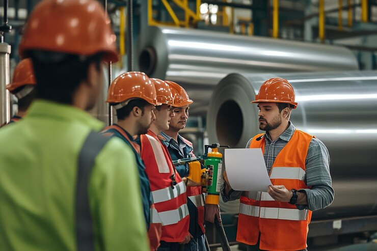 The image shows two people wearing safety gear, including helmets and vests, standing next to a clipboard with a Quality Assurance (QA) checklist. One person is holding a pen and appears to be marking off items on the checklist, while the other holds a clipboard and seems to be assisting or supervising. The image conveys the concept of quality control and inspection in a workplace setting.