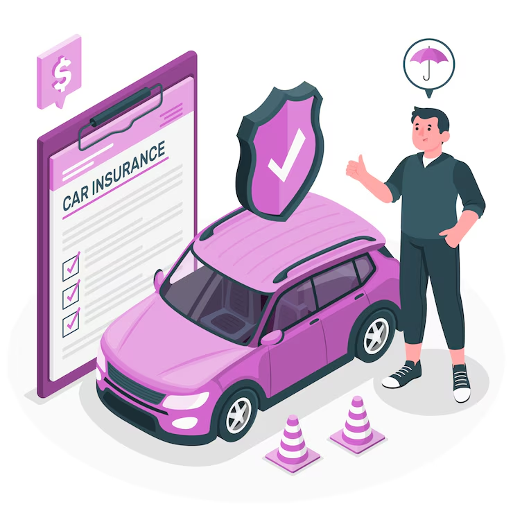 This image illustrates a 3D-like visual of car insurance. A person is seen giving a thumbs up while standing next to a pink car. Above the car is a large shield with a checkmark, symbolizing protection or security. Nearby, there is a clipboard showing a car insurance form with checkboxes. The image uses a modern, minimalistic style to convey the idea of insuring a vehicle. Additionally, orange traffic cones are placed near the car, possibly representing safety or traffic regulations in the context of the insurance.