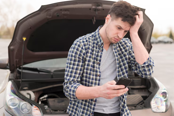 "Frustrated man standing in front of a broken-down car with the hood open, looking at his phone while scratching his head, possibly calling for roadside assistance."